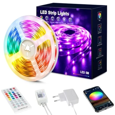 Image de Beaeet Ruban Led 5m, Chambre Multicolore Bande 5050 RGB Lumière Led, Bandeau avec Télécommande, Bluetooth App pour contrôler la en Synchronisation Musique