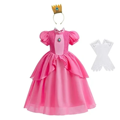 Image de Lito Angels Deguisement Robe Princesse Peach avec Couronne et Gants pour Enfant Fille Taille 5 6 Ans, Rose Chaud (étiquette en Tissu 120)