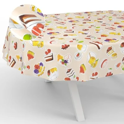 Image de ANRO Nappe en Toile cirée Lavable, pour Table de Jardin, extérieur, intérieur, Ovale, Bord coupé, Dessert, Beige, 180 x 140 cm