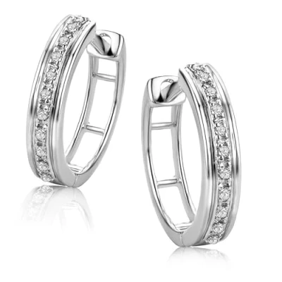 Image de Orovi Bijoux Femme, Boucles d&#039;Oreilles Créoles en Or Blanc avec Diamants coupé Brillant 0.07 Ct 9 Kt / 375