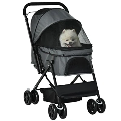 Image de PawHut Poussette pour chien animaux de compagnie pliable avec 4 roues EVA guidon réglable panier et pochette rangement 76,5 x 52 95 cm gris