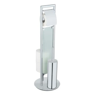 Image de WENKO Serviteur WC Tout en Un Sulmona Acier Inoxydable Dérouleur Papier toiette, Brosse Silicone, Stockage Rouleaux de DIM 25 x 76 cm Argent INOX
