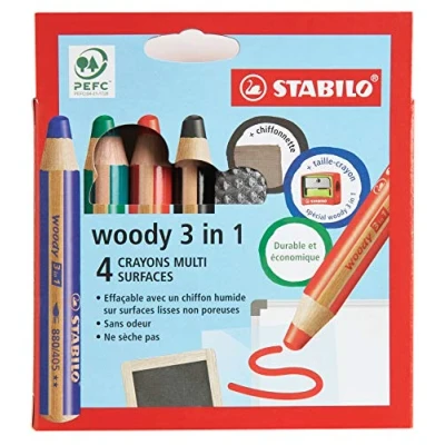 Image de crayon multi surfaces lisses STABILO woody 3in1 Etui carton x 4 crayons + 1 taille chiffonnette