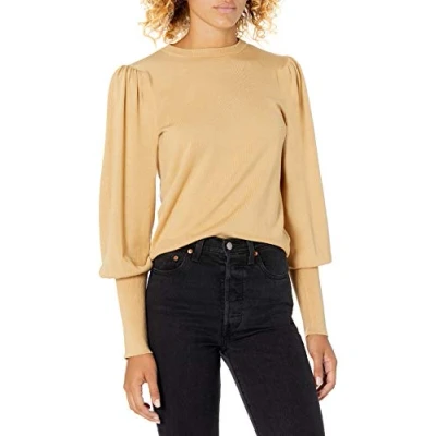 Image de The Drop Vivienne Pull à col rond avec épaules rembourrées et manches ballon pour Femme, Beige (Curds &amp; Whey), XL