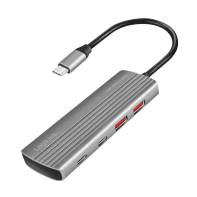 Image de LogiLink UA0413 Hub USB 3.2 Gen2 Ultra Fin, 2 Ports A, C, avec PD (Power Delivery), 100 W, Gris sidéral