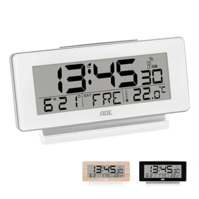 Image de ADE Horloge numérique Digitale de Table reveil Radio piloté avec Affichage température et Calendrier éclairage Design Moderne thermomètre LCD Blanc