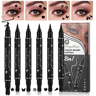 Image de 5Pcs Double tête Ensemble de stylos tampon liquide Eyeliner,Mat Crayon Eye liner noir, Lazy Pochoirs d’eyeliners black Stamp eyeliner Pen Tattoo Makeup Triangle/Cœur/Étoile/Fleur/Papillon