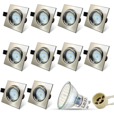 Image de HiBay Spot LED encastrable gu10 Carré,10x 5W Blanc Chaud 3000K Orientable 30,Plafonnier Encastré Inox Trou 68 80mm 220V,Avec 4 Cadre et Ampoules douille