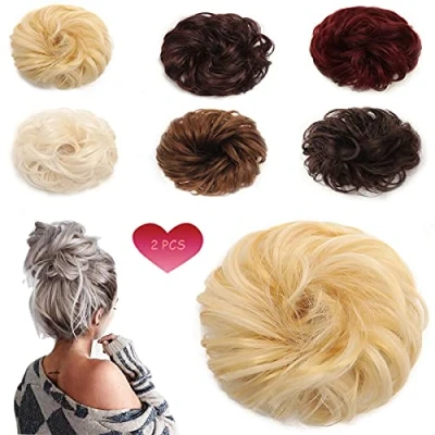 Image de 2 pièces Postiche Extensions,Postiche cheveux En Caoutchouc Chouchou Chignons,Queue de Cheval Rajout Extension,a clip naturel Scrunchy Chignons VOLUMINEUX Bouclés Ou Chignon Décoiffé