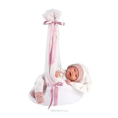 Image de Llorens 1074006 Poupée bébé avec Yeux Bleus et Corps Souple Tenue Rose Bonnet à Pointe, tétine, Attache tétine Berceau Suspendu 42 cm