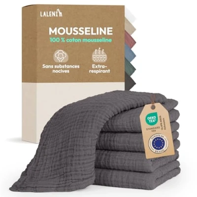 Image de Laleni Lot de 5 Lange Bebe 70x70 Langes Coton bébé Haute qualité 100% Multi Usage Gaze mousselines très absorbantes debarbouillette Lavable Carre Anthracite