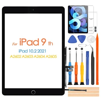 Image de Écran tactile pour iPad 9 2021 9th Generation, Digitizer Touch Screen 10.2 A2602 A2603 A2604 A2605, écran avant, avec bouton Accueil, outils de réparation (noir)