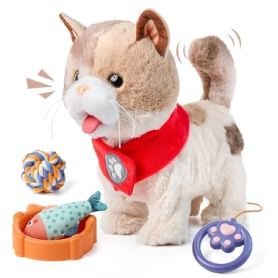 Image de Interactif Électronique Chat en Peluche Jouet pour Enfants,Réaliste qui Marche Marche,Miaule,Tire la Langue et Remue Queue,Jouet Chaton avec Leash,Cadeau Garçon Fille