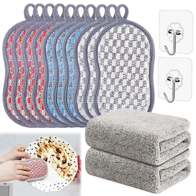 Image de Jicyor 14PCS Eponge Reutilisable Lavable, Vaisselle, Lavable Set avec 2 Chiffons Vaisselle et Crochet, Double Face Microfibre Grattante pour Plaques Poêles