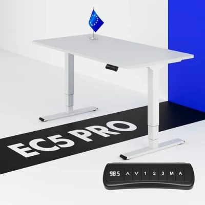 Image de FLEXISPOT EC5 Bureau Assis Debout 140x80 Une Pièce Made in EU, à 3 Colonnes 2 Moteurs avec Panneau Fonctions Mémoires, Réglable en Hauteur Électrique, Charge 160kg, Blanc