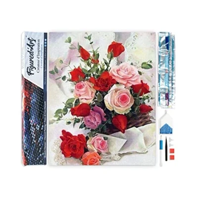 Image de Figured’Art Diamond Painting Broderie Diamant 40x50cm Toile Entière Roulée avec Strass Perles Carrés Roses Belles Fleurs Kit Complet 5D DIY Activité Manuelle Loisirs Créatifs Adultes