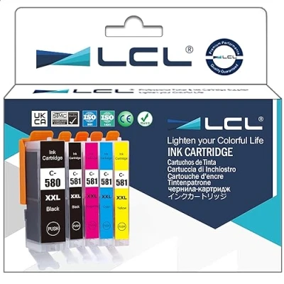 Image de LCL CLI 581 PGI 580 XXL Cartouches d&#039;encre Compatible pour Canon TS8150 TS6150 TS8250 TS6151 TR8550 TR7550 TS8151 TS9150 TS9155 TS9550 TS9551 (PGBK/Noir/Cyan/Magenta/Jaune,5 Pack)