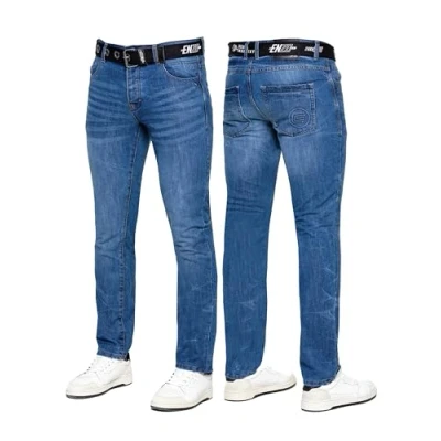 Image de 989Zé ENZO Jean classique coupe droite décontractée en coton pour homme avec ceinture, Bleu moyen, 32 W /30 L