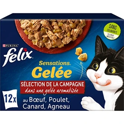 Image de FELIX SENSATIONS Chat Adulte Selection de la Campagne en Gelée : au Bœuf, Poulet, Agneau, Canard Aliment humide 100% complet et équilibré Sachets Fraîcheurs Lot 6 (12 x 85 g)