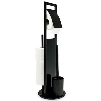Image de WENKO Combiné WC Ravina 3en1 Brosse à tête remplaçable et dérouleur Papier Toilette, Range Toilette jusqu&#039;à 3 Rouleaux Acier INOX Verre trempé 20x70 cm Noir Brillant