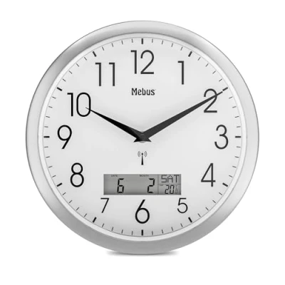 Image de Mebus 19422 Horloge Murale Radio pilotée silencieuse avec Affichage LCD de la Date et température Blanc Modèle