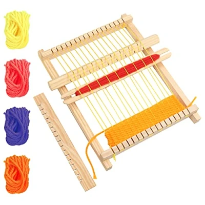 Image de Curtzy Metier a Tisser en Bois 16,5 x 21,7 cm Métier à Cadre Large Fils Mélangés, Tige de Réglage, Peigne, Navette &amp; Cordon Nylon Kit pour Débutants