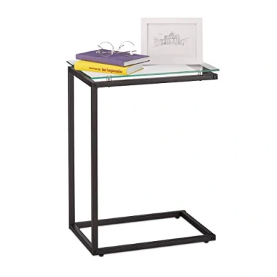 Image de relaxdays Table d’appoint Haute, Forme de U, Plateau en Verre, Cadre métal, Meuble, H x L P : 61 30 45 cm, Noir, 1 élément
