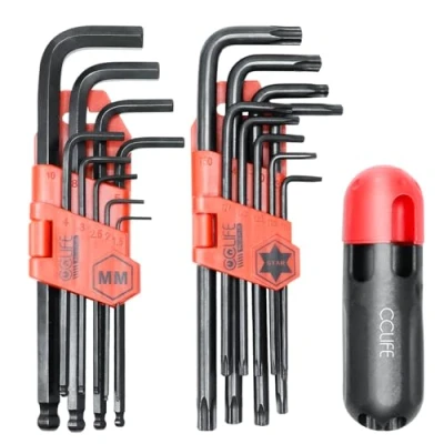 Image de CCLIFE 18 Pièces Jeu de Clés Allen Hexagonales avec Poignée, Cr V Torx, 1.5mm 10mm &amp; T10 T50, 6 Pans à Tête Sphérique, Noir
