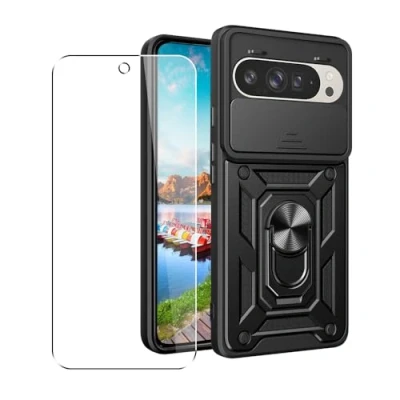 Image de SDTEK Coque pour Google Pixel 9 Housse Téléphone D&#039;objectif D&#039;appareil Photo, Support, Bague Magnétique Protecteur écran Verre (Noir)
