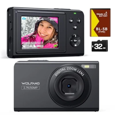 Image de WOLFANG Appareil Photo numérique, caméra Enfant 2,7 K pour Photographie, de vlogging compacte 50 MP, vidéo Zoom numérique 16x, Point Mise au Automatique et