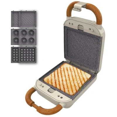 Image de Cecotec Appareil à Sandwichs Rock&#039;nToast Retro One Beige. Machine Sandwich Rétro 700W, 3 Plaques Pour Sandwiches, Gaufres et Beignets, Revêtement RockStone, Indicateur Lumineux, Base Antidérapante