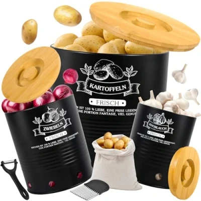 Image de JEDWKFA Lot de 3 Boite Pomme Terre, Rangement Oignons Ail Echalottes, Livré Avec Couteau D&#039;office, à Sac Rangement, Noir