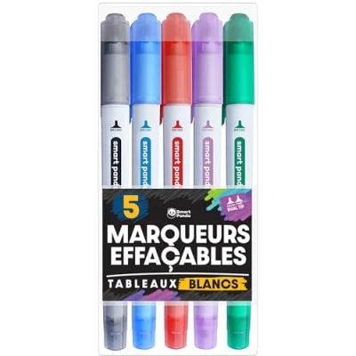 Image de Marqueurs pour Tableaux Blancs par SmartPanda Double Pointe, Médium et Fine Effaçable à sec, Parfait une Utilisation la Maison, au Bureau ou l’ École Pochette de 5 Couleurs (5)