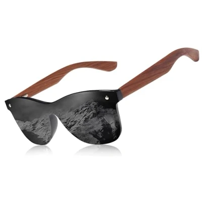 Image de KINGSEVEN Lunettes de Soleil Polarisées Hommes Femmes, Unisexes en bois noyer, UV400, Verres Miroir (Noir)