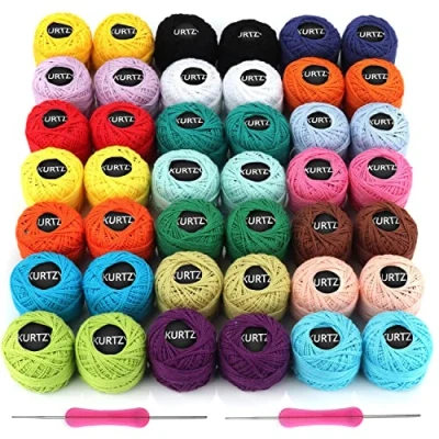 Image de Kurtzy Hilo Crochet Colorido (42 Bolas) 2 Agujas de Ganchillo (1 mm y mm) Cada Madeja Algodón Pesa 5 g Total 1512 m Colores Kit Surtido