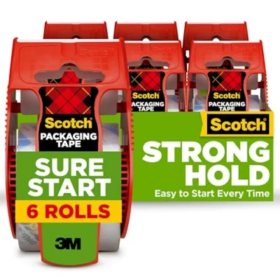Image de Scotch Sure Start Ruban adhésif d&#039;emballage d&#039;expédition 4,8 cm x 22,2 m, conçu pour l&#039;emballage, l&#039;expédition et l&#039;expédition, déroulement silencieux, pas de fissure ou déchirure, noyau 3,8 cm, transparent, 6 rouleaux distribués (145 6)