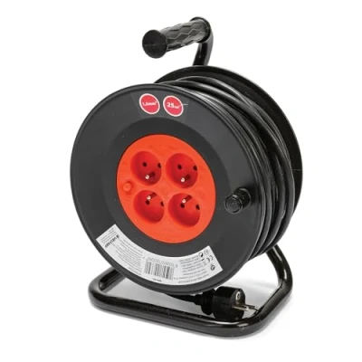 Image de Velamp REEL FR 25 Rallonge Prolongateur électrique m avec enrouleur 4 Prises 16 A section 3G1,5 mm² + coupe circuit. Noir et Rouge
