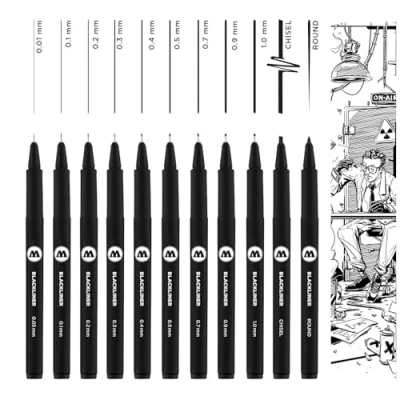 Image de Molotow Blackliner Lot de 11 stylos à pointe fine avec encre permanente indélébile, étui, biseautée et ogive, épaisseur trait 0,05 1,0 mm, noirs