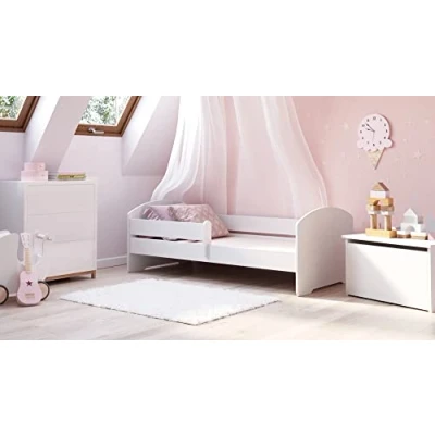 Image de KOBI Lit Enfant LUK Blanc 160 x 80 cm Garcon Petite Fille Lits pour Enfants avec Un Matelas et Cadre la Chambre Bebe Simple Barriere Balustrade