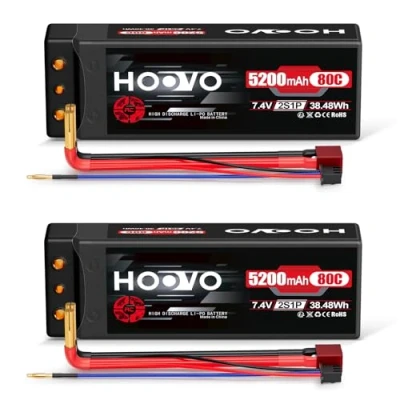 Image de HOOVO Lot de 2 batteries LiPo 2S 7,4 V 80 C 5200 mAh Coque rigide avec fiche Deans T Pour voiture, bateau, camion, truggy RC Hobby