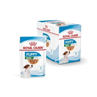 Image de Royal Canin Mini Puppy Pack de 4 x 12 85 g Nourriture Humide pour Petits Chiots Jusqu&#039;à 10 Mois Morceaux Fins en Sauce Texture Douce Les Dents Lait