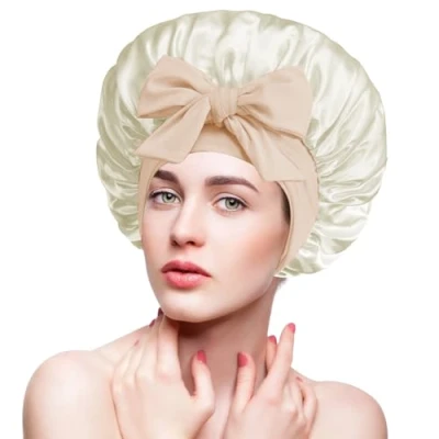 Image de Adorila bonnet en satin de soie pour femme endormie, bande élastique douce, sommeil réglable cheveux bouclés (blanc)