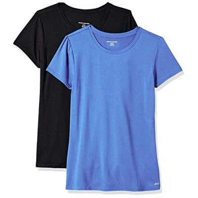Image de Amazon Essentials T shirt à manches courtes et col rond Tech Stretch (disponible en grande taille) Femme, Lot de 2, Bleu Vif/Noir, XL