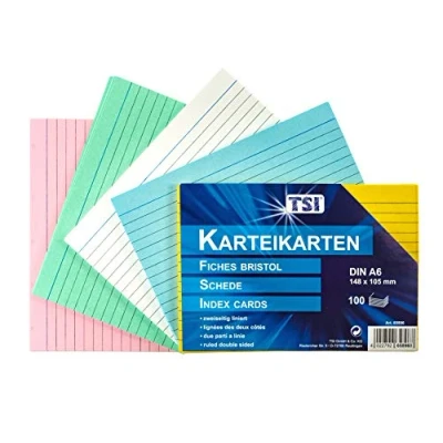 Image de TSI Lot de 100 cartes, lignées, couleurs assorties, format A6 (148 x 105 mm), n d&#039;article 65896