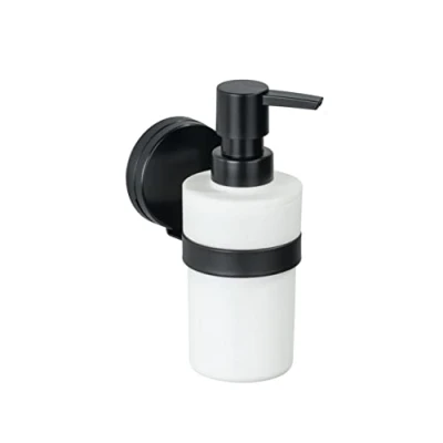 Image de WENKO Porte Savon Liquide Mural Pavia, Distributeur capacité 220ml, Fixation sans perçage Static Loc Plus, Plastique Acier, 6x16x9 cm, Blanc Noir Mat