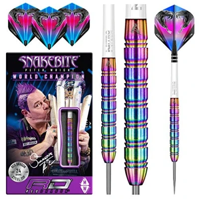 Image de RED DRAGON Peter Wright Snakebite Jeu de fléchettes Professionnelles en tungstène avec ailettes et tiges 1 24 g