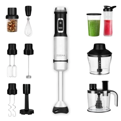 Image de ZEEGMA HANDY VERSABLEND Mixeur plongeur 14 en 1 pour soupes, smoothies, puissance de 1500W Accessoires : mélangeur, mixeur, fouet, crochets, purée, moulin à café 0,8 l, malaxeur 0,6 flacon