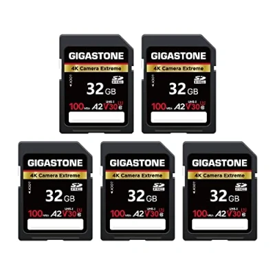 Image de Gigastone A2 V30 Carte Mémoire SDHC 32 Go Lot de 5 Cartes, 4K Caméra Extreme, Vitesse 100 Mo/s. Compatible avec Canon Nikon Sony Panasonic, U3 UHS I C10 pour UHD Vidéo, Mini étuis