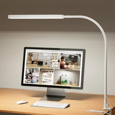Image de SKYLEO Lampe de Bureau LED 85cm Pince 5 Modes X 11 Niveaux Luminosité 1300LM Fonction Minuterie et Mémoire 12W Desk Lamp Blanc