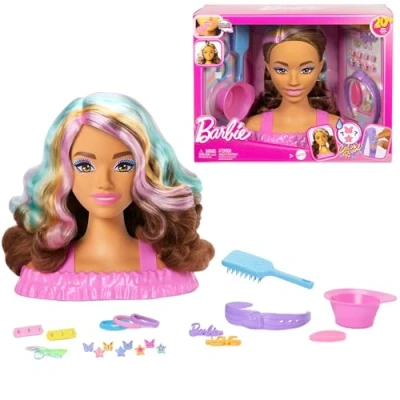 Image de arbie Tête à Coiffer Color Reveal avec Cheveux Brun foncé et Plus de 20 Accessoires Coiffure, Dont des Barrettes Motif étoile Papillon Fonction Changement Couleur, JFG82